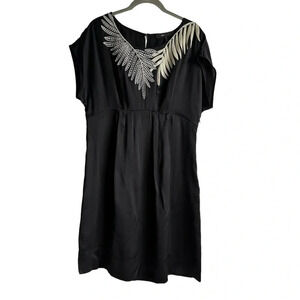 BCBG MaxAzria Silk Dress Embroidered Sequins Size Medium Leaves Pleats Boat Neck